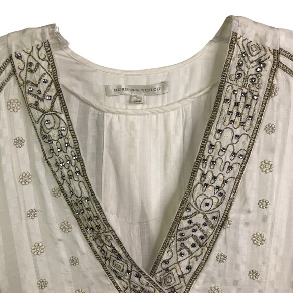 Burning Torch Women Tunic Top Boho White Floral Gems Long Sleeve V-Neck S $395 - Picture 2 of 10